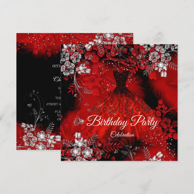 Invitación Vestido Rojo Plumas Fiesta de Cumpleaños Plata (Anverso / Reverso)