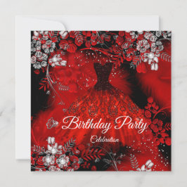 Invitación Vestido Rojo Plumas Fiesta de Cumpleaños Plata