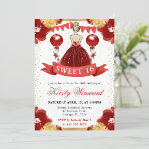 Invitación Vestido Rojo Princesa Rubio Cumple 16