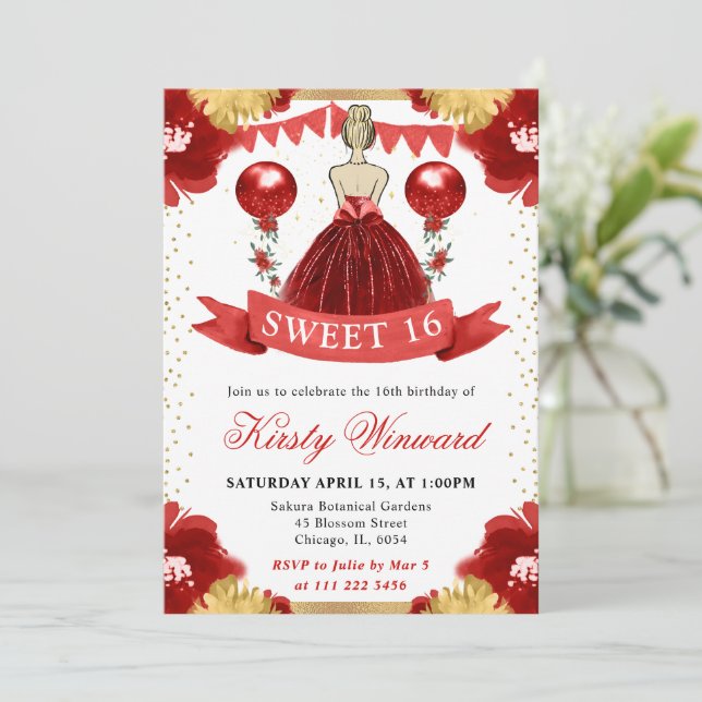 Invitación Vestido Rojo Princesa Rubio Cumple 16 (Anverso de pie)