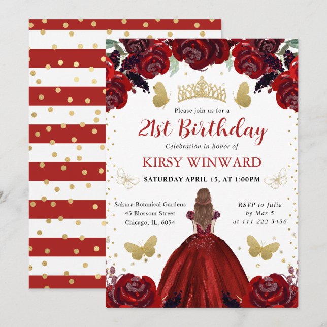 Invitación Vestido Rojo Profundo Cabello Rojo Cumpleaños de P (Anverso / Reverso)