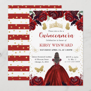 Invitación Vestido Rojo Profundo Morena Princesa Quinceañera
