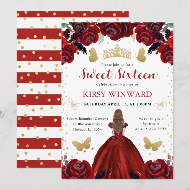 Invitación Vestido Rojo Profundo Princesa de Cabello Rojo Dul (Anverso / Reverso)