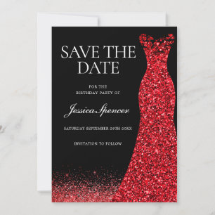 Invitación Vestido Rojo Purpurina Rojo Gown Birthday Save The