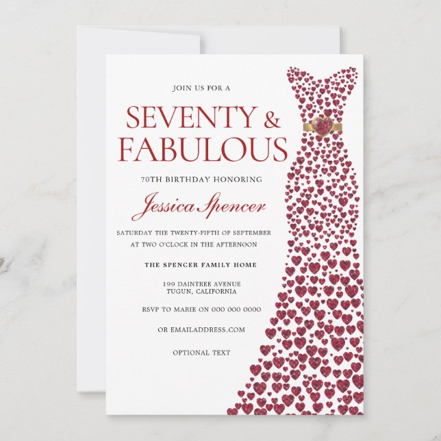 Invitación Vestido Rojo Setenta y fabulosa fiesta de cumpleañ (Anverso)