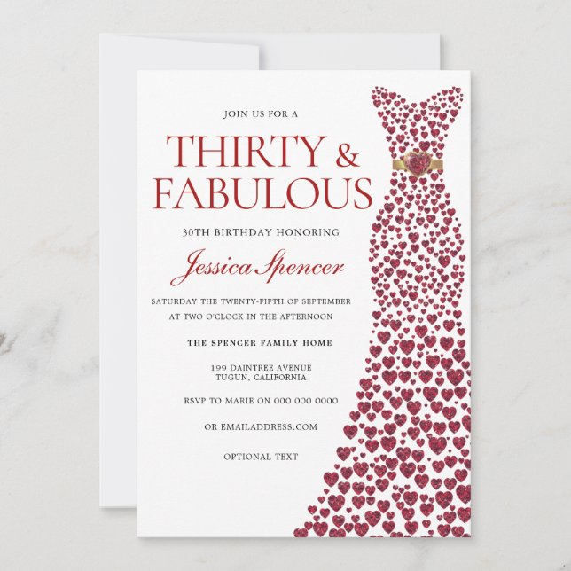 Invitación Vestido Rojo Treinta y Fabuloso Fiesta de cumpleañ (Anverso)