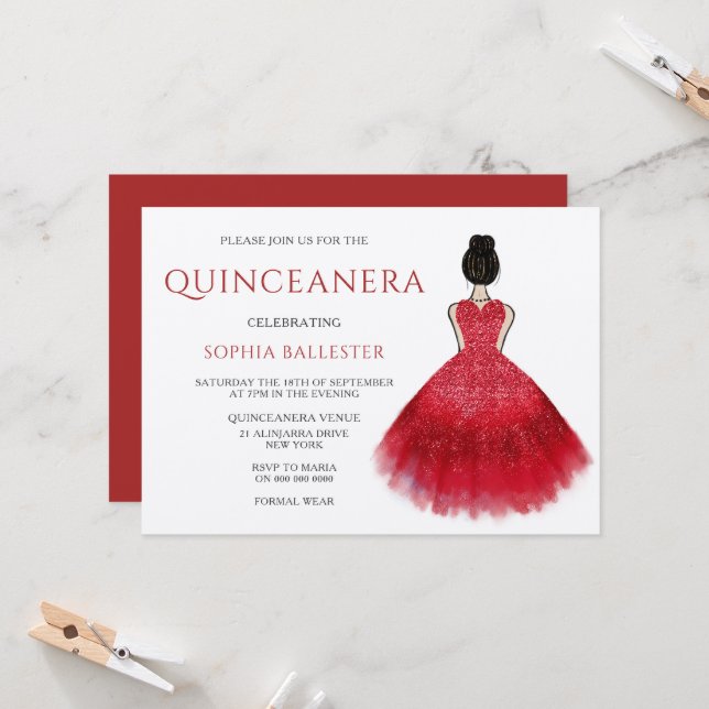 Invitación Vestido Rojo Vestido Wonderland Quinceanera Fiesta (Anverso/Reverso In Situ)