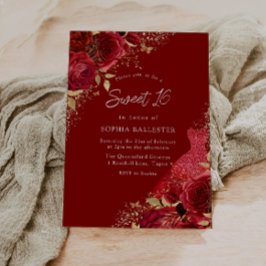 Invitación Vestido rojo y dorado y Rosas dulces 16 Fiestas