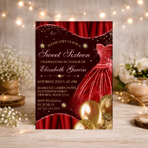 Invitación Vestido Rojo y Globos con Purpurina Dorada Dulces