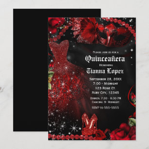 Invitación Vestido Rojo y Negro Masquerade Quinceañera Fiesta