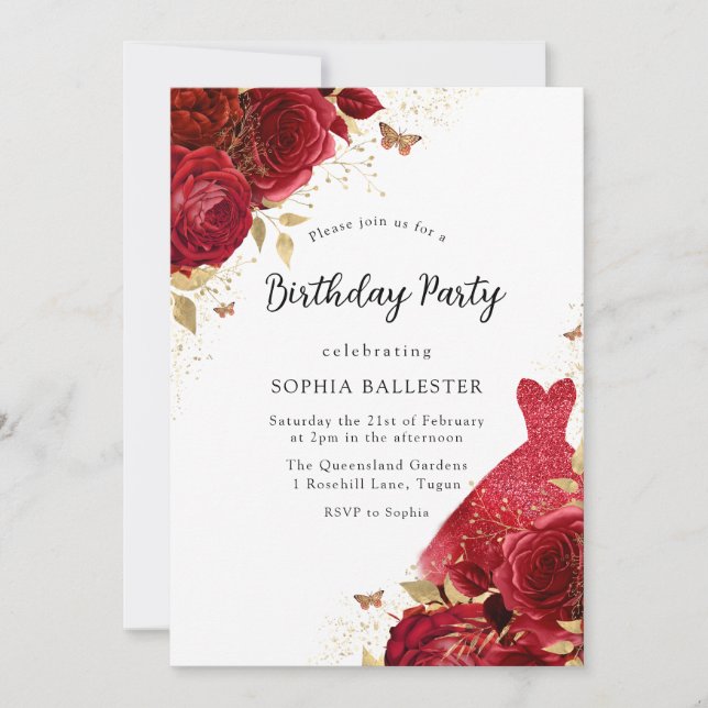 Invitación Vestido rojo y Rosas Fiesta de cumpleaños de Purpu (Anverso)