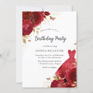 Invitación Vestido rojo y Rosas Fiesta de cumpleaños de Purpu