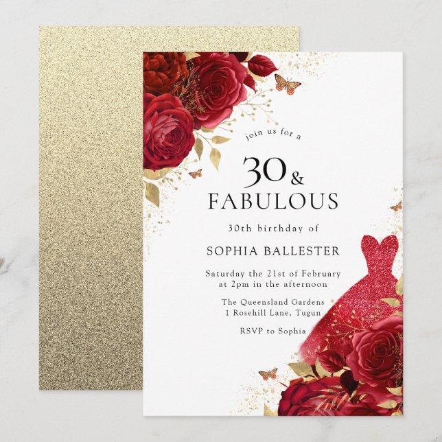 Invitación Vestido rojo y Rosas Purpurina de oro 30 cumpleaño (Anverso / Reverso)