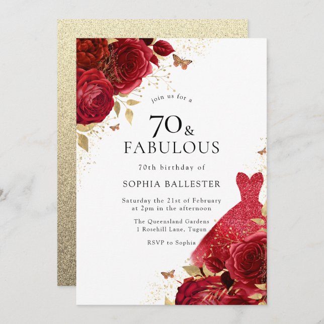Invitación Vestido rojo y Rosas Purpurina de oro 70 cumpleaño (Anverso / Reverso)