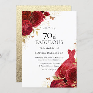 Invitación Vestido rojo y Rosas Purpurina de oro 70 cumpleaño