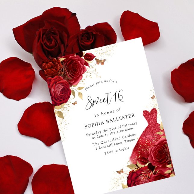 Invitación Vestido rojo y Rosas Purpurina oro dulce 16 (Subido por el creador)