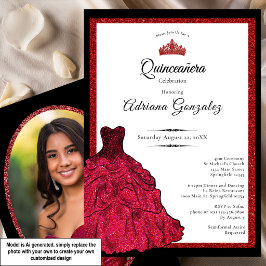 Invitación Vestido Rojo y Tiara Foto Personalizada Quinceañer