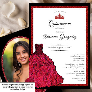 Invitación Vestido Rojo y Tiara Foto Personalizada Quinceañer