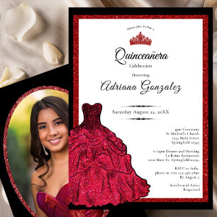 Invitación Vestido Rojo y Tiara Foto Personalizada Quinceañer