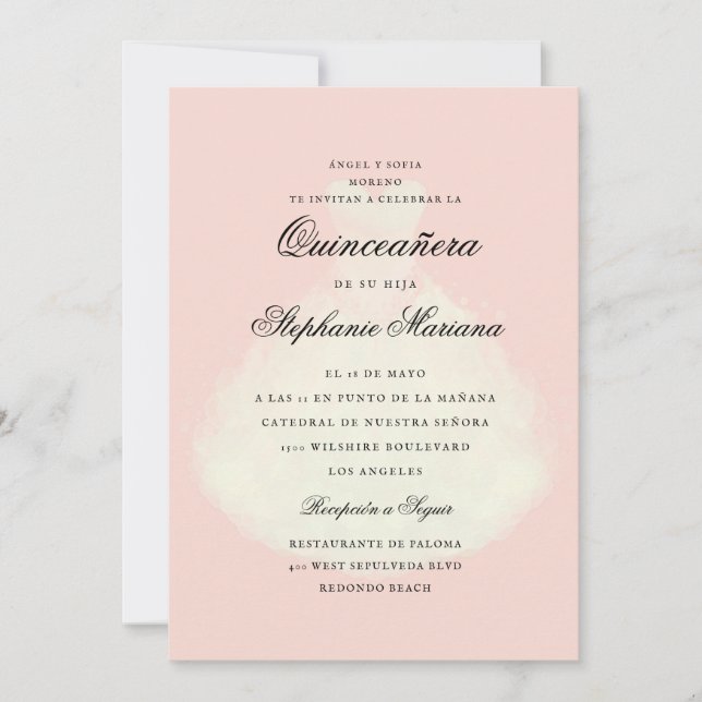 Invitación Vestido romántico rosado de Rubor Quinceañera (Anverso)