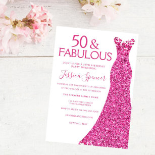Invitación Vestido rosa 50 cumpleaños fiesta 50 y fabuloso