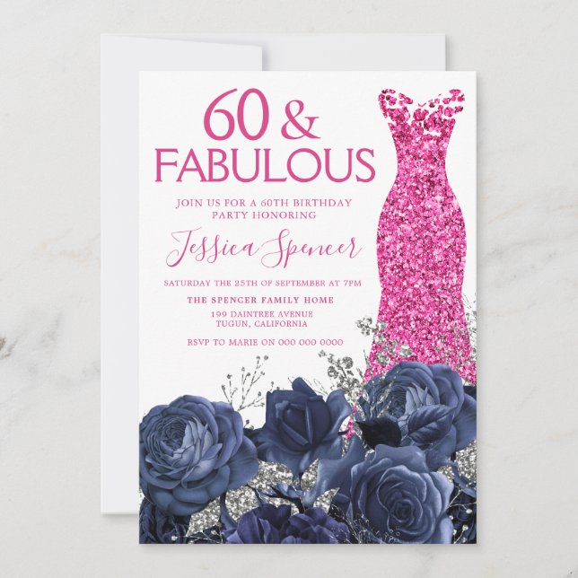 Invitación Vestido rosa 60 cumpleaños floral de la Marina (Anverso)