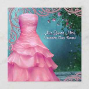 Invitación Vestido Rosa Azul Teal Rosas Rosadas Quinceañera