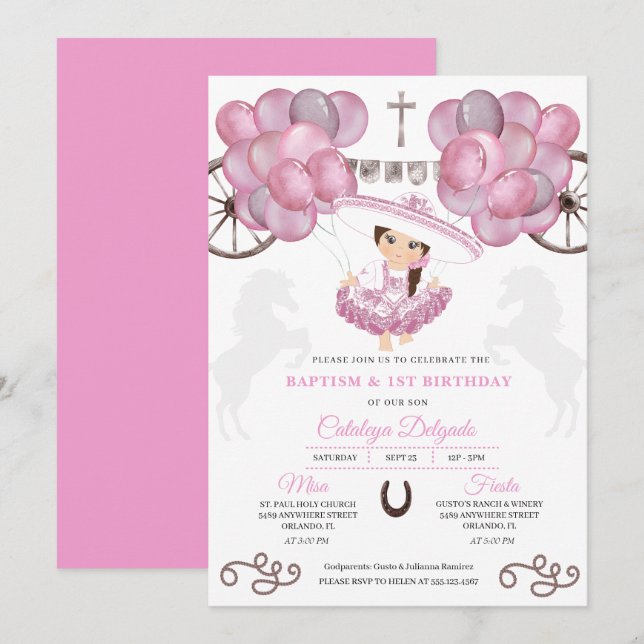 Invitación Vestido rosa bebé mexicano Charra Globos Bautismo (Anverso / Reverso)