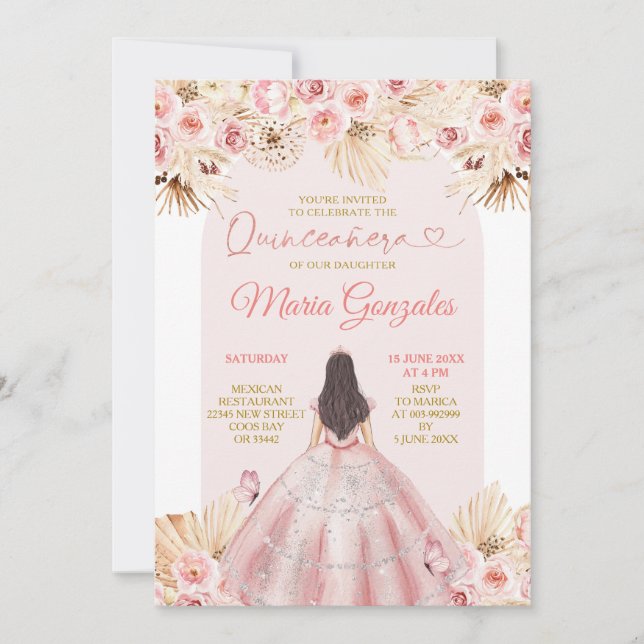 Invitación Vestido rosa boho floral princesa Quinceañera (Anverso)