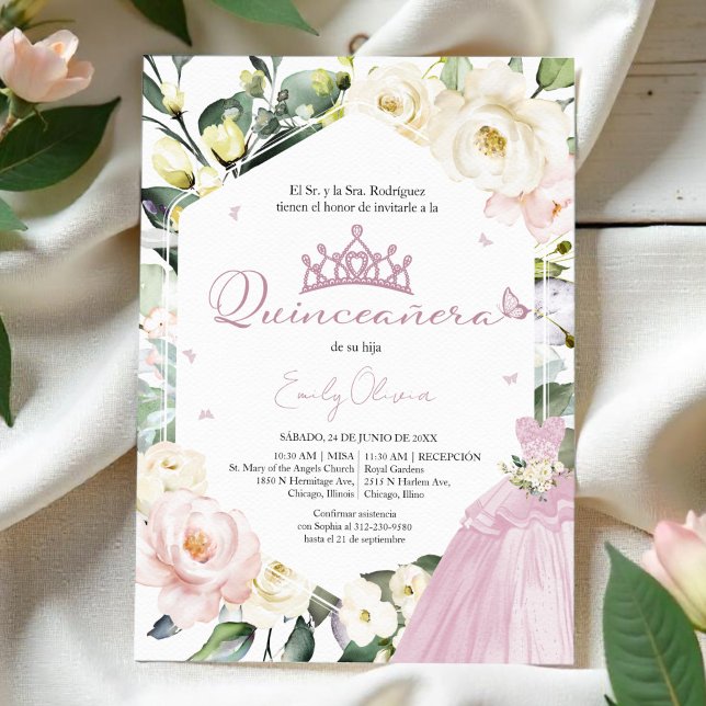 Invitación Vestido rosa Boho Marco floral Quinceañera Español (Subido por el creador)