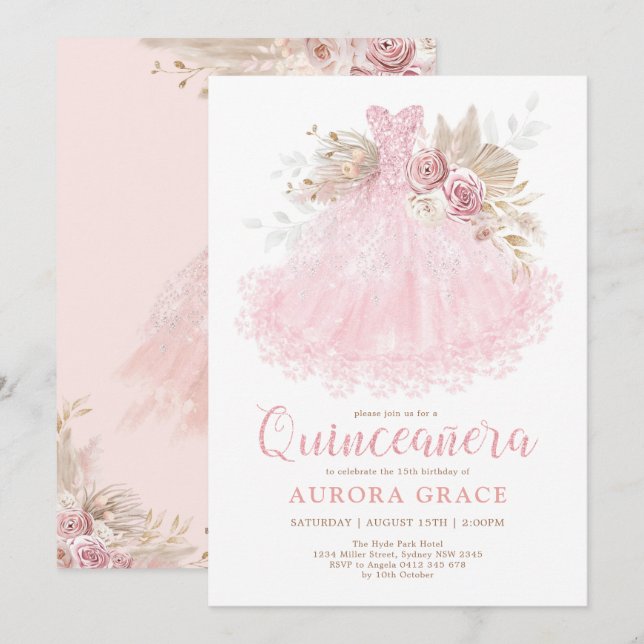 Invitación Vestido rosa Boho Quinceañera Mis Quince Años (Anverso / Reverso)