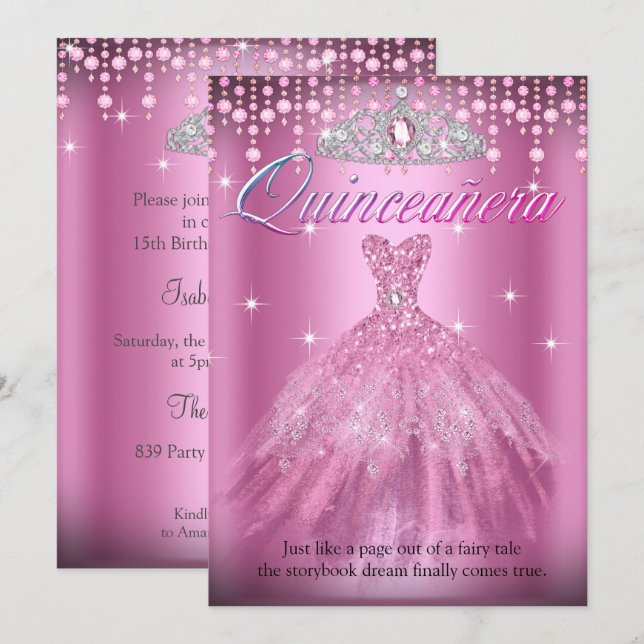 Invitación Vestido Rosa Bonito con Tiara para Cumpleaños de Q (Anverso / Reverso)