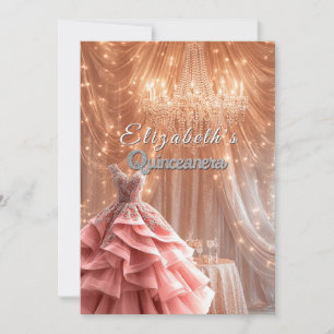 Invitación Vestido Rosa Bonito Quinceanera Corona de Araña