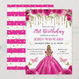 Invitación Vestido Rosa Brillante Cumpleaños Princesa Cabello