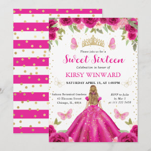 Invitación Vestido Rosa Brillante Princesa Rubia Cumple 16