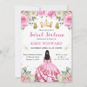 Invitación Vestido Rosa Cabello Negro  Princesa Dulces 16