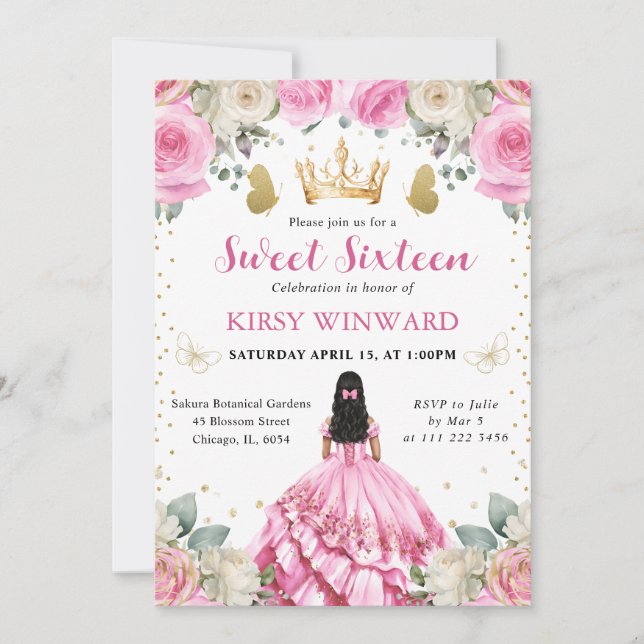 Invitación Vestido Rosa Cabello Negro  Princesa Dulces 16 (Anverso)