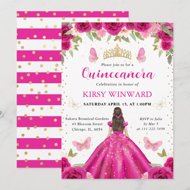 Invitación Vestido rosa caliente Brunette Princesa Quinceaner (Anverso / Reverso)
