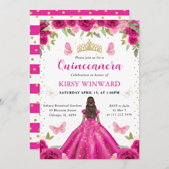 Invitación Vestido rosa caliente Princesa de piel oscura Quin (Anverso / Reverso)