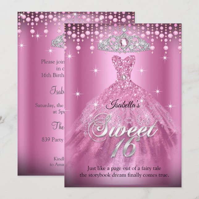 Invitación Vestido Rosa Cumpleaños Princesa Dulces 16 Tiara (Anverso / Reverso)