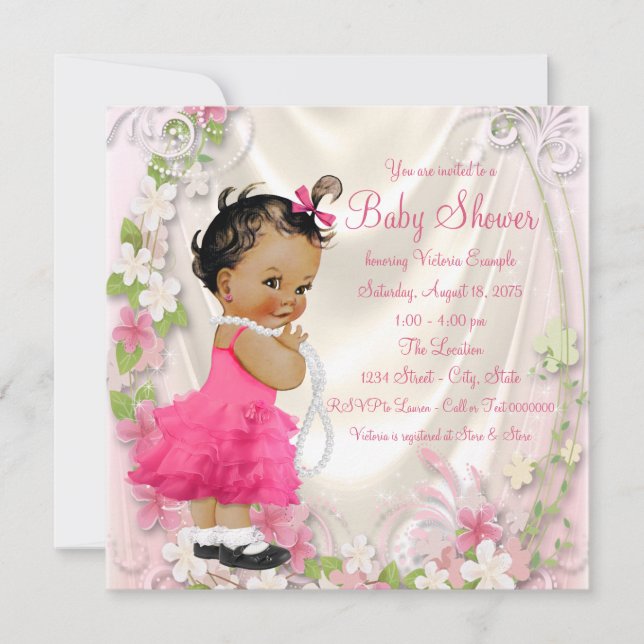 Invitación Vestido rosa de rubla Perlas Chica de etnia Baby S (Anverso)
