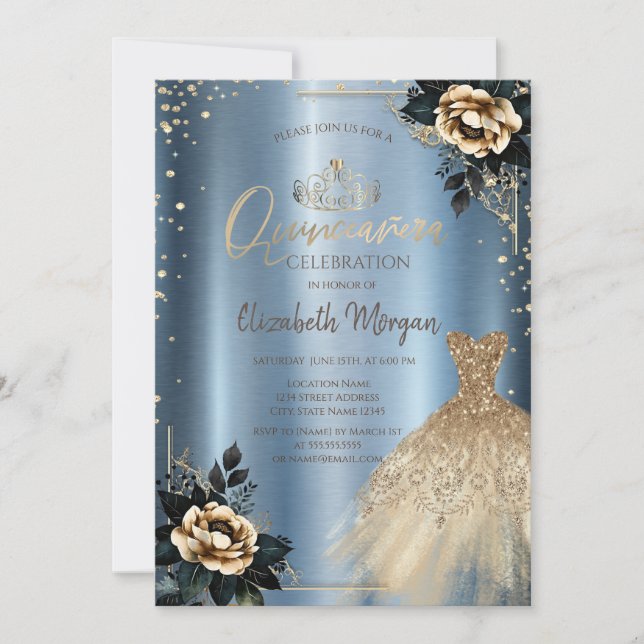 Invitación Vestido rosa, Diamantes Azul Metálico Quinceañera (Anverso)