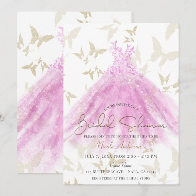 Invitación Vestido Rosa Dorado Baile de la Mariposa Despedida (Anverso / Reverso)