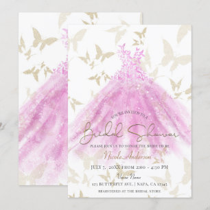 Invitación Vestido Rosa Dorado Baile de Mariposa Lluvia de No