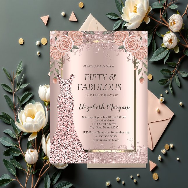Invitación Vestido Rosa Dorado Brillo Confeti Flores 50th (Subido por el creador)