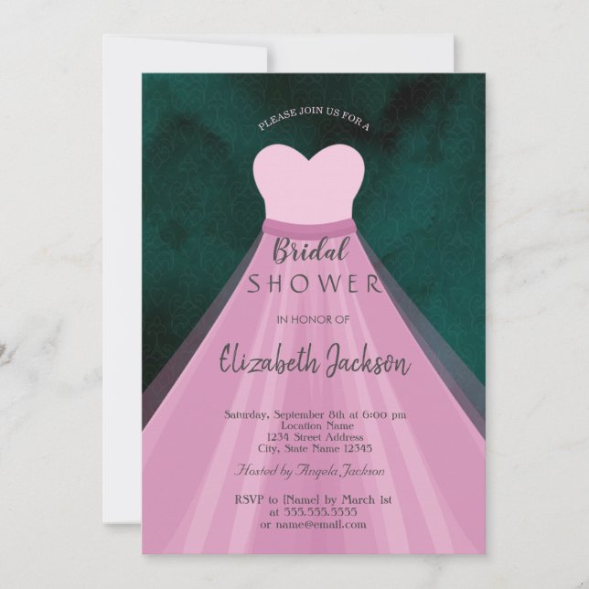 Invitación Vestido rosa Ducha verde de novia (Anverso)