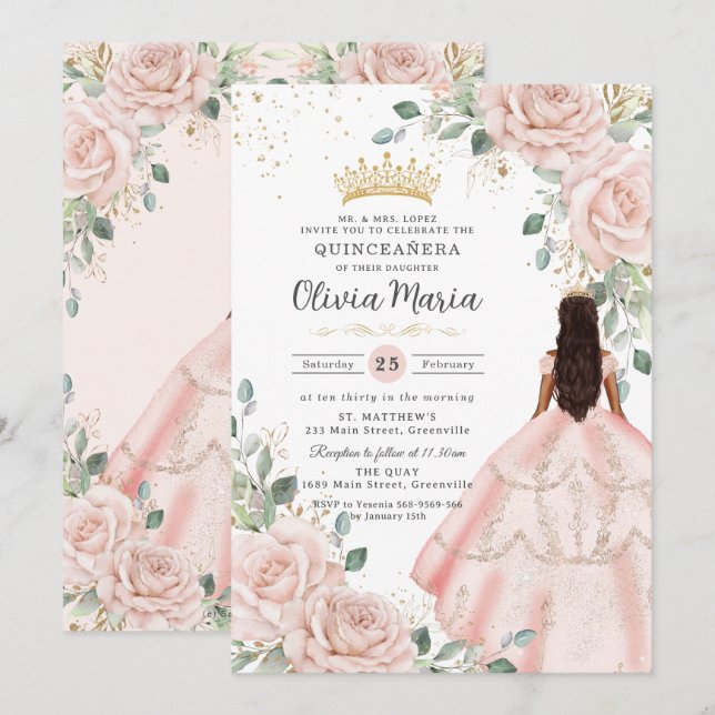 Invitación Vestido rosa floral de Rubor Princesa Gown Quincea (Anverso / Reverso)