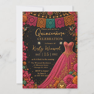 Invitación Vestido Rosa Floral Fiesta Mexicana Quinceañera