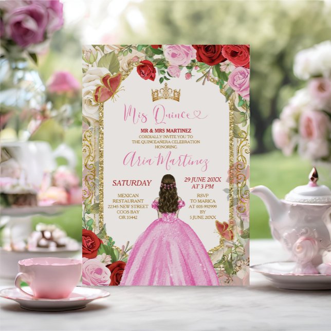 Invitación Vestido rosa Flores rojas Princesa Oro Mis Quince (Subido por el creador)