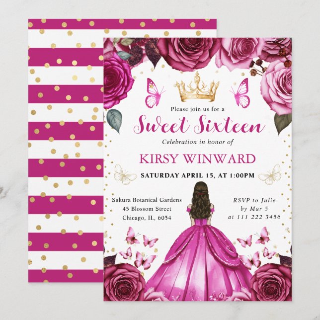 Invitación Vestido Rosa Fuerte Morena Princesa Dulces 16 (Anverso / Reverso)